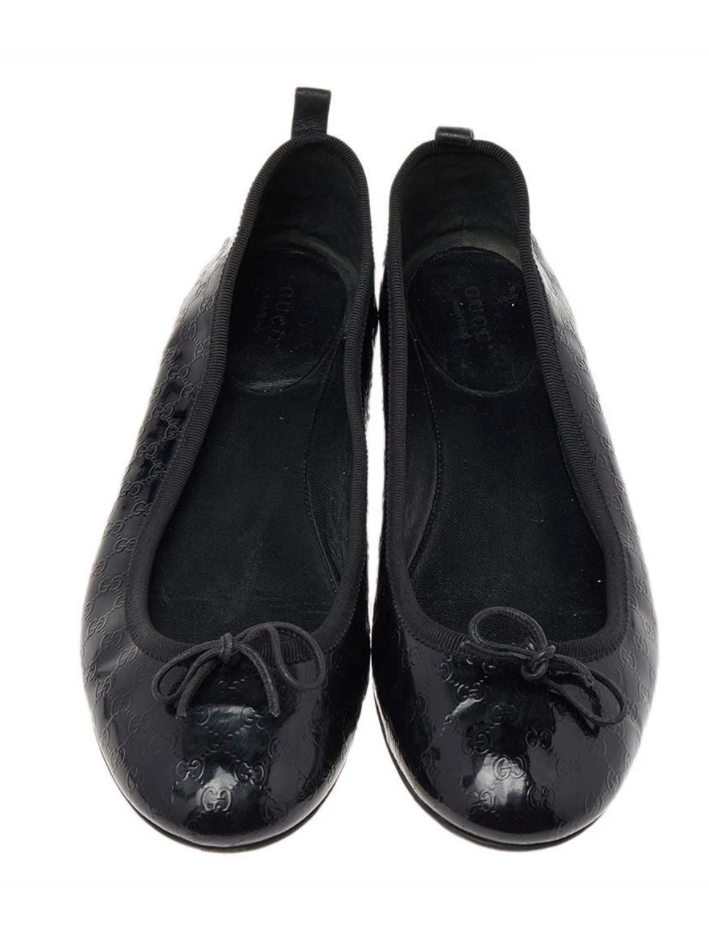 Gucci Black Micro Guccissima Patent Leather Bow Detail Ballet Flats